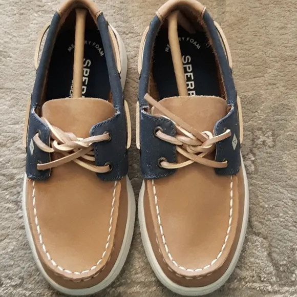 NIB Boys' Sperry Cup II Boat Tan/Navy Leather Top-Sider Boat Shoes, Sz 12.5M
