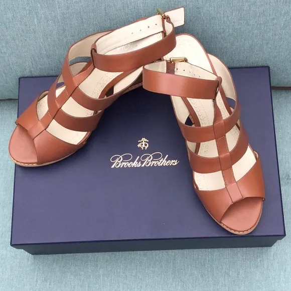 NIB Brown Brooks Brothers Ankle Strap Wedge Sandals 8