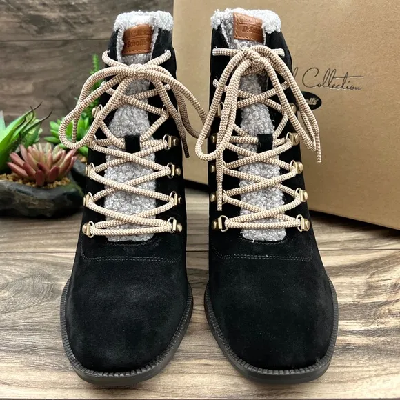 NIB Dr Scholls Loni Lace Up Combat Boots Bootie Heeled Black Suede