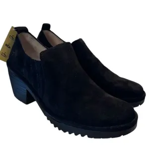 NIB Fly London Oil Suede Shoes Women's Size 36 US 5.5 Black Clog Slip On 2&quot; Heel