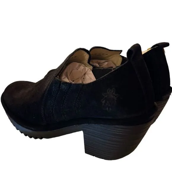 NIB Fly London Oil Suede Shoes Women's Size 36 US 5.5 Black Clog Slip On 2&quot; Heel