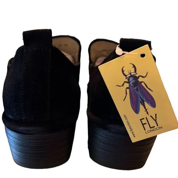 NIB Fly London Oil Suede Shoes Women's Size 36 US 5.5 Black Clog Slip On 2&quot; Heel