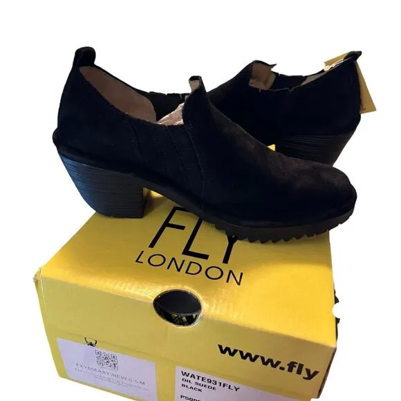 NIB Fly London Oil Suede Shoes Women's Size 36 US 5.5 Black Clog Slip On 2&quot; Heel