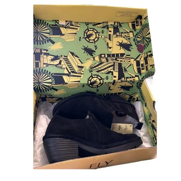 NIB Fly London Oil Suede Shoes Women's Size 36 US 5.5 Black Clog Slip On 2&quot; Heel