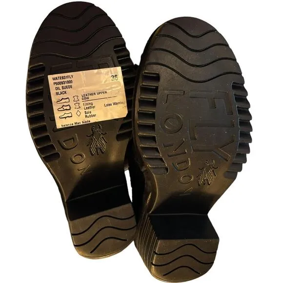 NIB Fly London Oil Suede Shoes Women's Size 36 US 5.5 Black Clog Slip On 2&quot; Heel