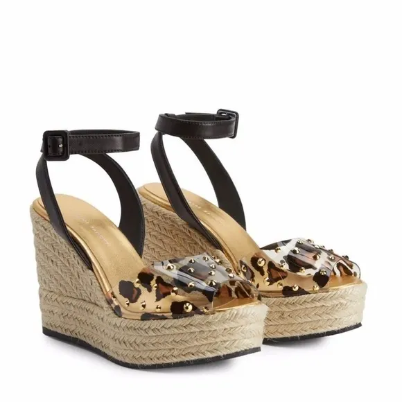 nib Giuseppe Zanotti Leopard Vinyl Espadrille Platform Wedge Sandals | Size 7