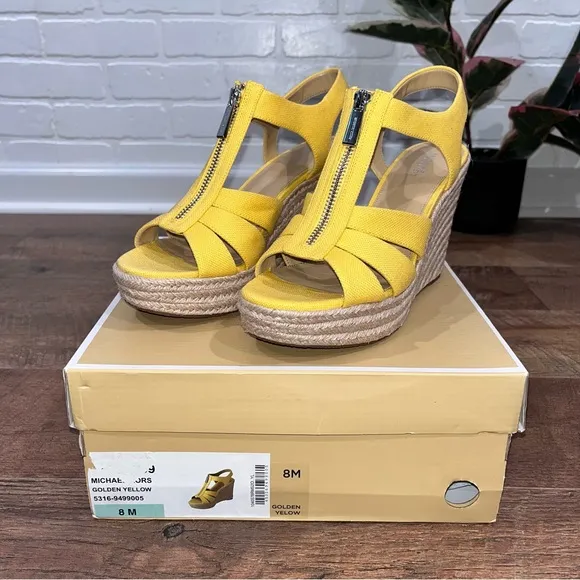 NIB Michael Kors Berkley Espadrille Wedge Sandals in Golden Yellow