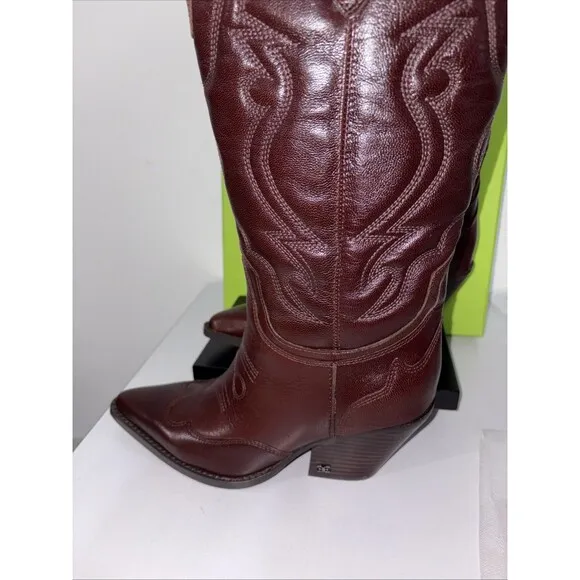 NIB Sam Edelman James Pecan Polished Leather  Cowboy Boots 7M $200 Revolve