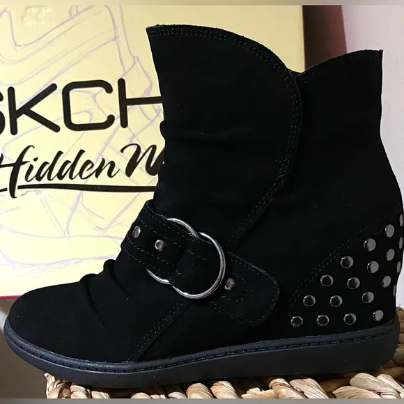 NIB SKECHERS SKCH 3 hidden Wedges Platform suede booties black studded shoes