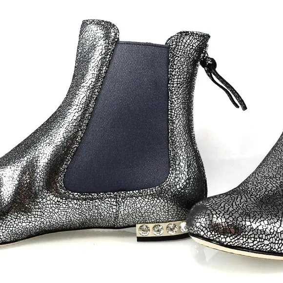 NIB$750 MIU MIU by PRADA FLAT JEWELED HEELS BACK ZIP LEATHER ANKLE BOOTIES 36.5