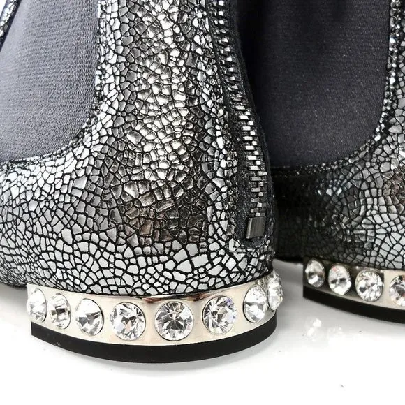 NIB$750 MIU MIU by PRADA FLAT JEWELED HEELS BACK ZIP LEATHER ANKLE BOOTIES 36.5