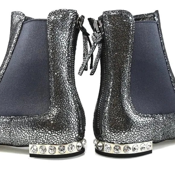 NIB$750 MIU MIU by PRADA FLAT JEWELED HEELS BACK ZIP LEATHER ANKLE BOOTIES 36.5