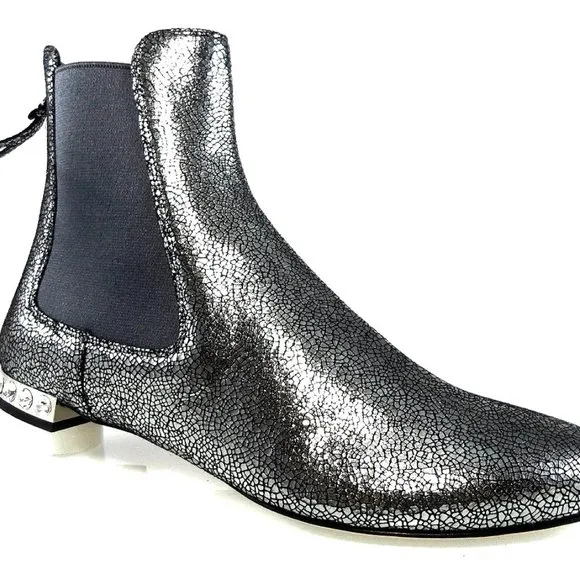 NIB$750 MIU MIU by PRADA FLAT JEWELED HEELS BACK ZIP LEATHER ANKLE BOOTIES 36.5