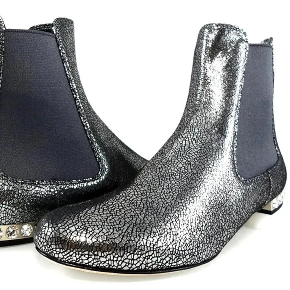 NIB$750 MIU MIU by PRADA FLAT JEWELED HEELS BACK ZIP LEATHER ANKLE BOOTIES 36.5