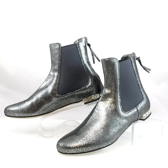 NIB$750 MIU MIU by PRADA FLAT JEWELED HEELS BACK ZIP LEATHER ANKLE BOOTIES 36.5