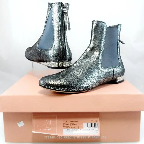 NIB$750 MIU MIU by PRADA FLAT JEWELED HEELS BACK ZIP LEATHER ANKLE BOOTIES 36.5