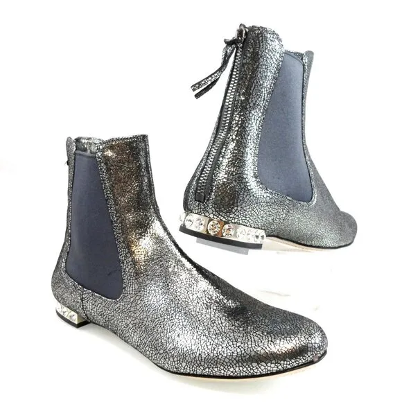 NIB$750 MIU MIU by PRADA FLAT JEWELED HEELS BACK ZIP LEATHER ANKLE BOOTIES 36.5