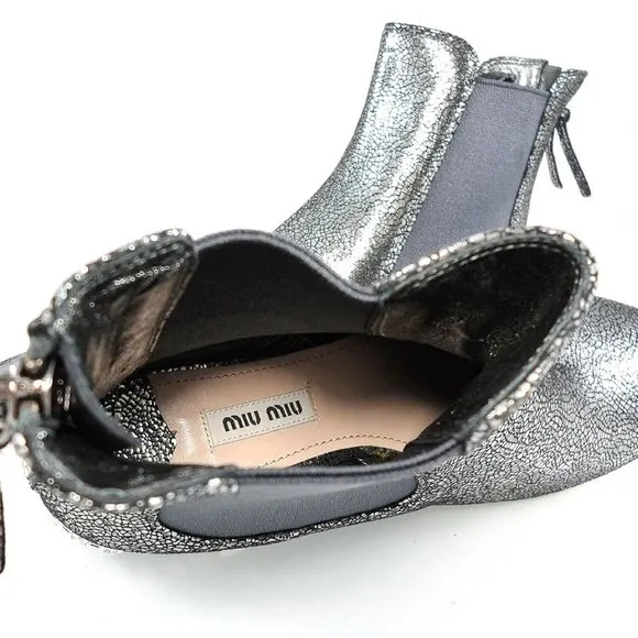 NIB$750 MIU MIU by PRADA FLAT JEWELED HEELS BACK ZIP LEATHER ANKLE BOOTIES 36.5