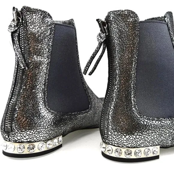 NIB$750 MIU MIU by PRADA FLAT JEWELED HEELS BACK ZIP LEATHER ANKLE BOOTIES 36.5