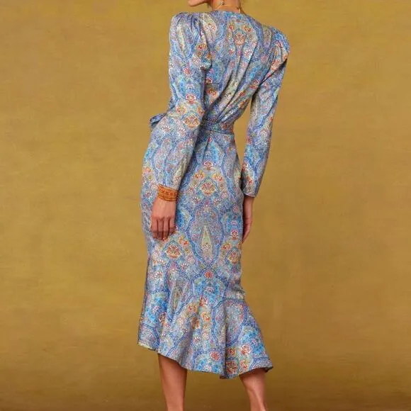 NicoBlu Marielle Midi Dress Size 6 Blue Kaleidoscope Wrap Ruffle Cocktail Guest