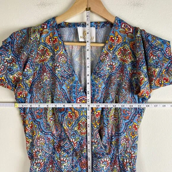 NicoBlu Marielle Midi Dress Size 6 Blue Kaleidoscope Wrap Ruffle Cocktail Guest