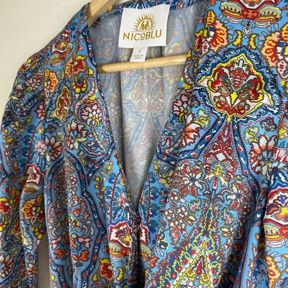 NicoBlu Marielle Midi Dress Size 6 Blue Kaleidoscope Wrap Ruffle Cocktail Guest