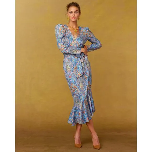 NicoBlu Marielle Midi Dress Size 6 Blue Kaleidoscope Wrap Ruffle Cocktail Guest