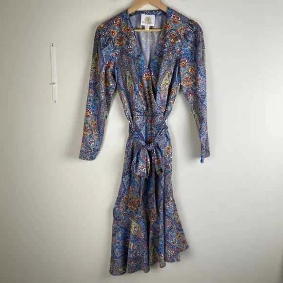 NicoBlu Marielle Midi Dress Size 6 Blue Kaleidoscope Wrap Ruffle Cocktail Guest