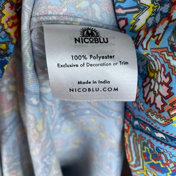 NicoBlu Marielle Midi Dress Size 6 Blue Kaleidoscope Wrap Ruffle Cocktail Guest
