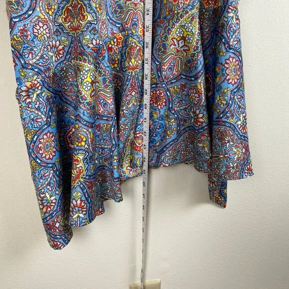 NicoBlu Marielle Midi Dress Size 6 Blue Kaleidoscope Wrap Ruffle Cocktail Guest