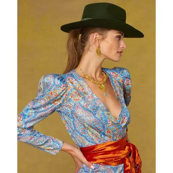 NicoBlu Marielle Midi Dress Size 6 Blue Kaleidoscope Wrap Ruffle Cocktail Guest