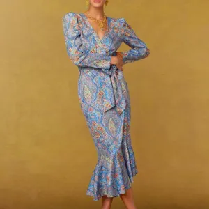 NicoBlu Marielle Midi Dress Size 6 Blue Kaleidoscope Wrap Ruffle Cocktail Guest