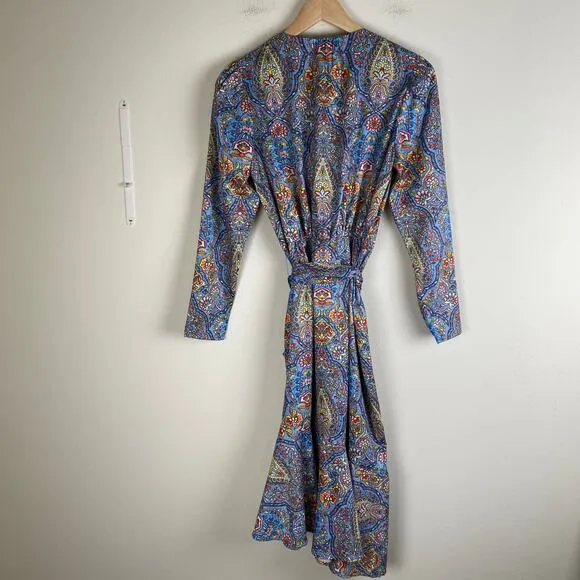 NicoBlu Marielle Midi Dress Size 6 Blue Kaleidoscope Wrap Ruffle Cocktail Guest