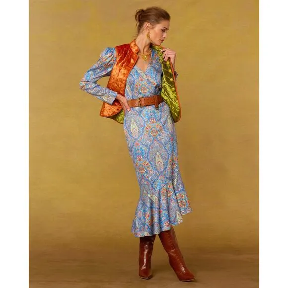 NicoBlu Marielle Midi Dress Size 6 Blue Kaleidoscope Wrap Ruffle Cocktail Guest