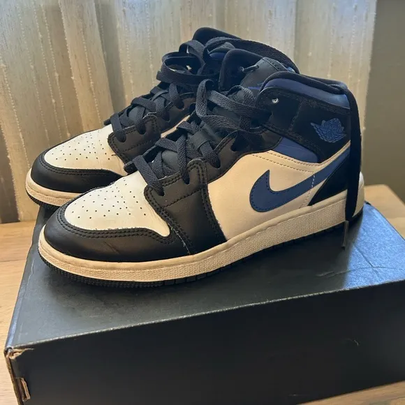 Nike Air Jordan 1 Mid Black and Blue Youth (or Women) Sneakers