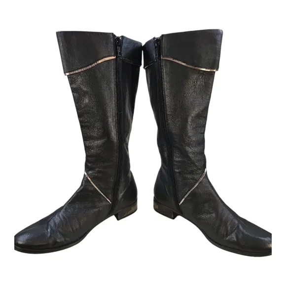 Nina Dolls Black Leather Flat Boots W/ Silver Trim Vintage Y2K Size 7