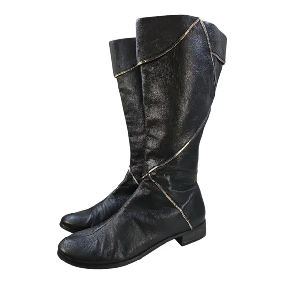 Nina Dolls Black Leather Flat Boots W/ Silver Trim Vintage Y2K Size 7
