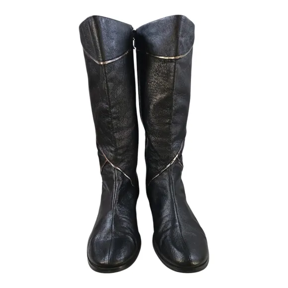 Nina Dolls Black Leather Flat Boots W/ Silver Trim Vintage Y2K Size 7