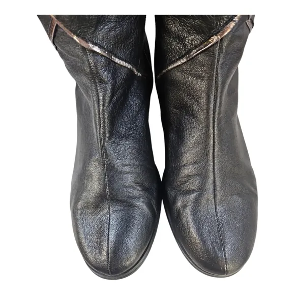 Nina Dolls Black Leather Flat Boots W/ Silver Trim Vintage Y2K Size 7