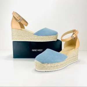 NINE WEST &quot;ARIELA 3&quot; BLUE &amp; NATURAL MULTI TEXTURE ESPADRILLE PLATFORM WEDGES🆕