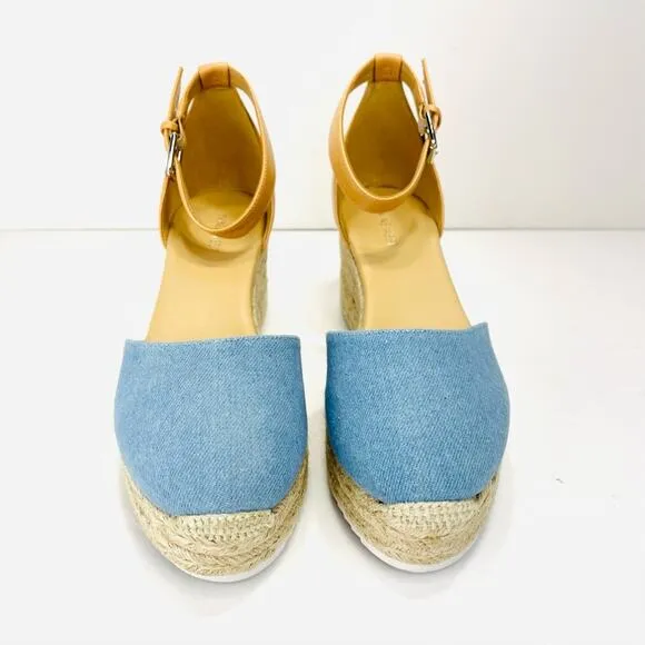NINE WEST &quot;ARIELA 3&quot; BLUE &amp; NATURAL MULTI TEXTURE ESPADRILLE PLATFORM WEDGES🆕
