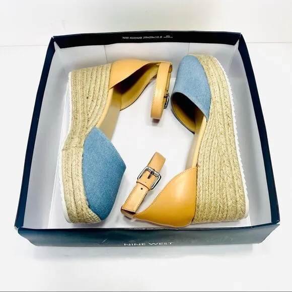 NINE WEST &quot;ARIELA 3&quot; BLUE &amp; NATURAL MULTI TEXTURE ESPADRILLE PLATFORM WEDGES🆕