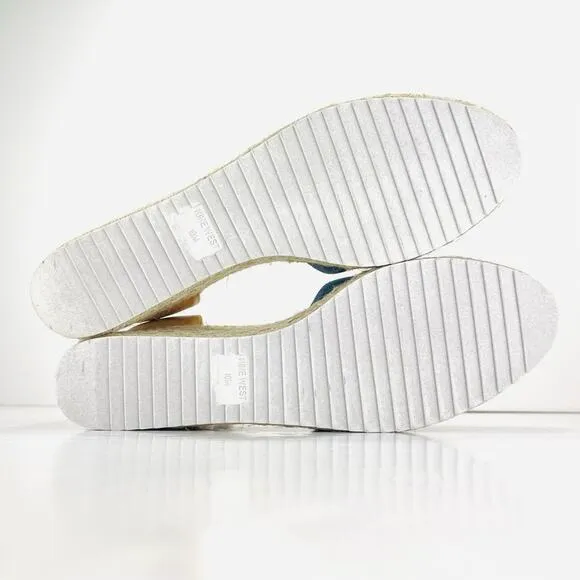 NINE WEST &quot;ARIELA 3&quot; BLUE &amp; NATURAL MULTI TEXTURE ESPADRILLE PLATFORM WEDGES🆕