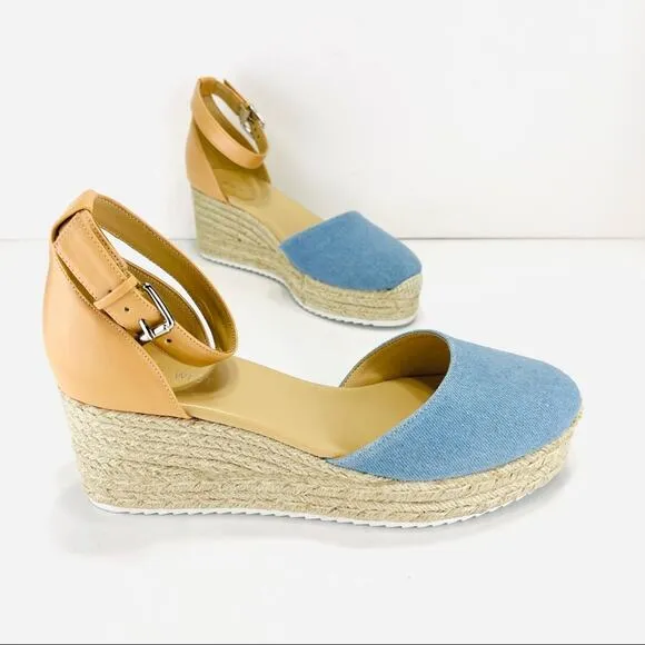 NINE WEST &quot;ARIELA 3&quot; BLUE &amp; NATURAL MULTI TEXTURE ESPADRILLE PLATFORM WEDGES🆕