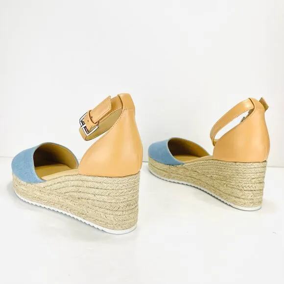 NINE WEST &quot;ARIELA 3&quot; BLUE &amp; NATURAL MULTI TEXTURE ESPADRILLE PLATFORM WEDGES🆕