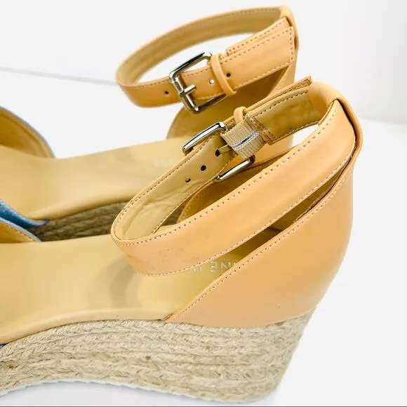 NINE WEST &quot;ARIELA 3&quot; BLUE &amp; NATURAL MULTI TEXTURE ESPADRILLE PLATFORM WEDGES🆕