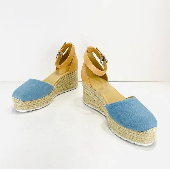 NINE WEST &quot;ARIELA 3&quot; BLUE &amp; NATURAL MULTI TEXTURE ESPADRILLE PLATFORM WEDGES🆕