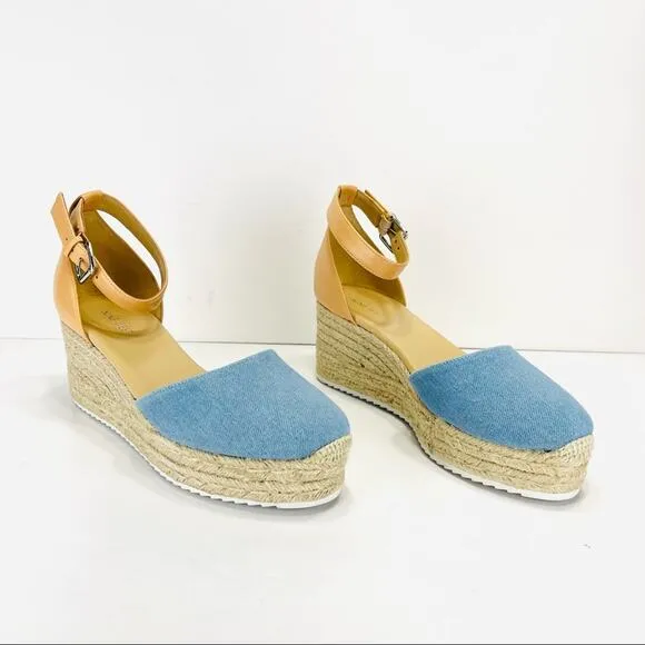 NINE WEST &quot;ARIELA 3&quot; BLUE &amp; NATURAL MULTI TEXTURE ESPADRILLE PLATFORM WEDGES🆕