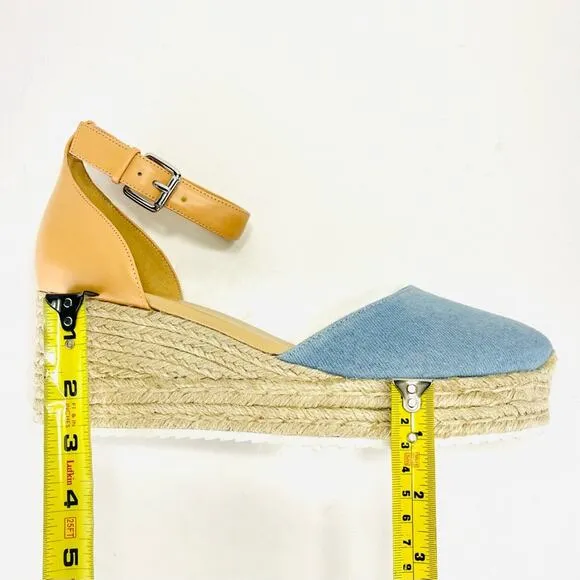 NINE WEST &quot;ARIELA 3&quot; BLUE &amp; NATURAL MULTI TEXTURE ESPADRILLE PLATFORM WEDGES🆕