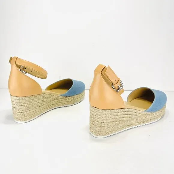 NINE WEST &quot;ARIELA 3&quot; BLUE &amp; NATURAL MULTI TEXTURE ESPADRILLE PLATFORM WEDGES🆕
